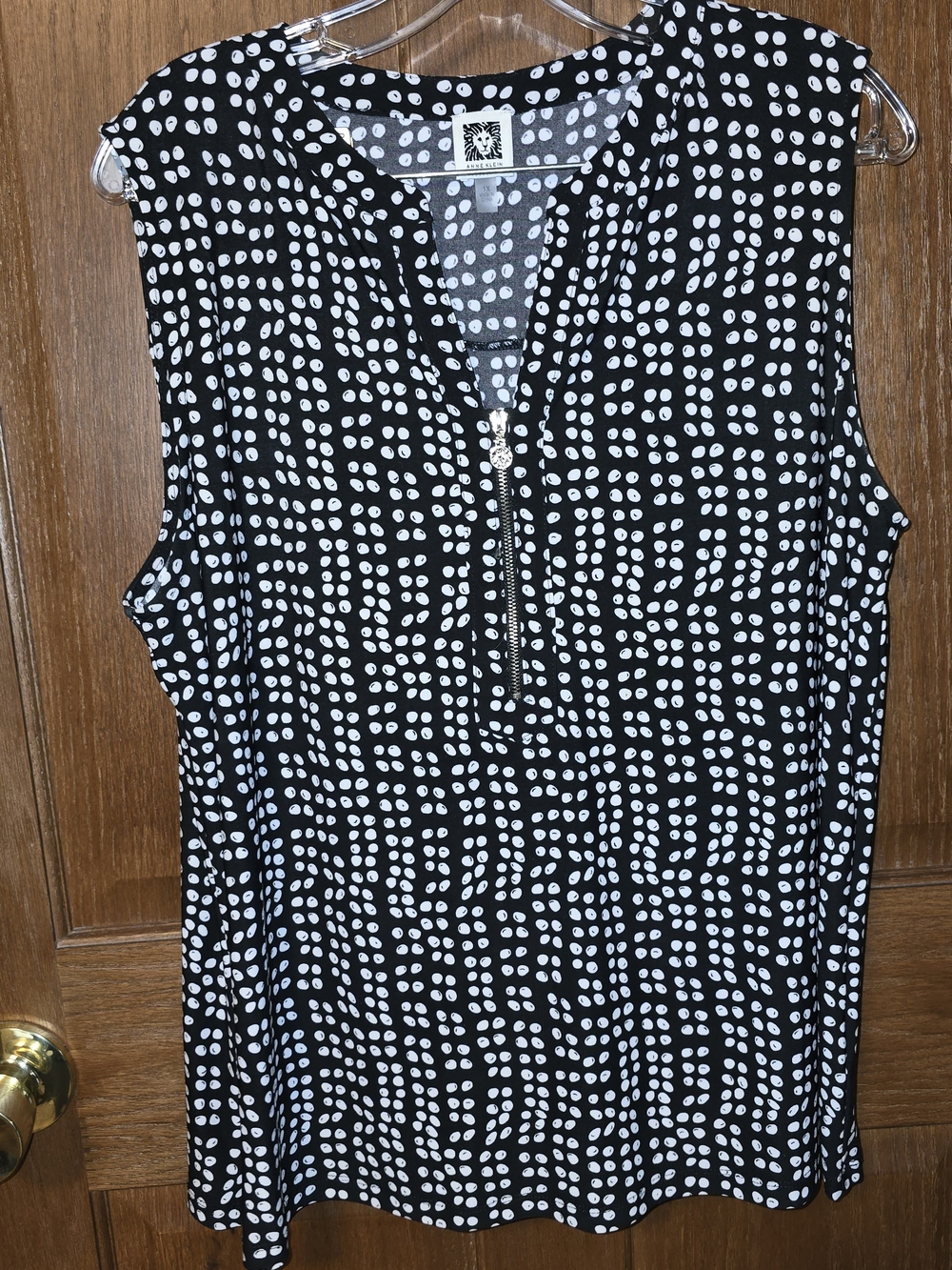 Anne Klein Black & White Dot Print Sleeveless Zip Blouse Women's Plus 1X